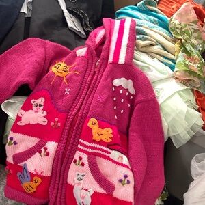 Hot pink appliqué and stripes size 10 zip up sweater jacket